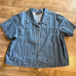 Denim & Co Short Sleeve Denim Button Front Collar Shirt Jean Floral Embroidered